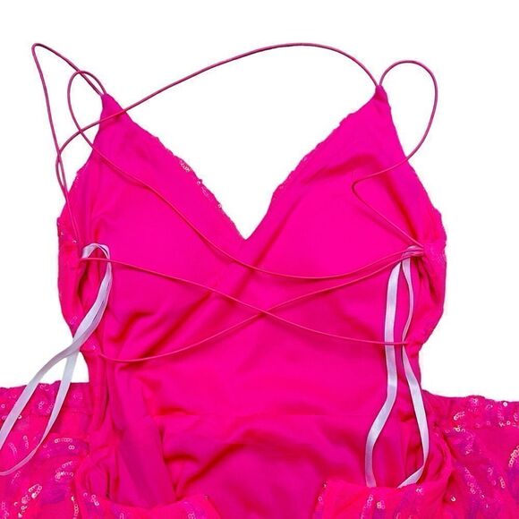 B. Darlin Pink Dress Pattern Sequin V-Neck Spaghetti Straps Maxi Gown 3-4 - Picture 14 of 16